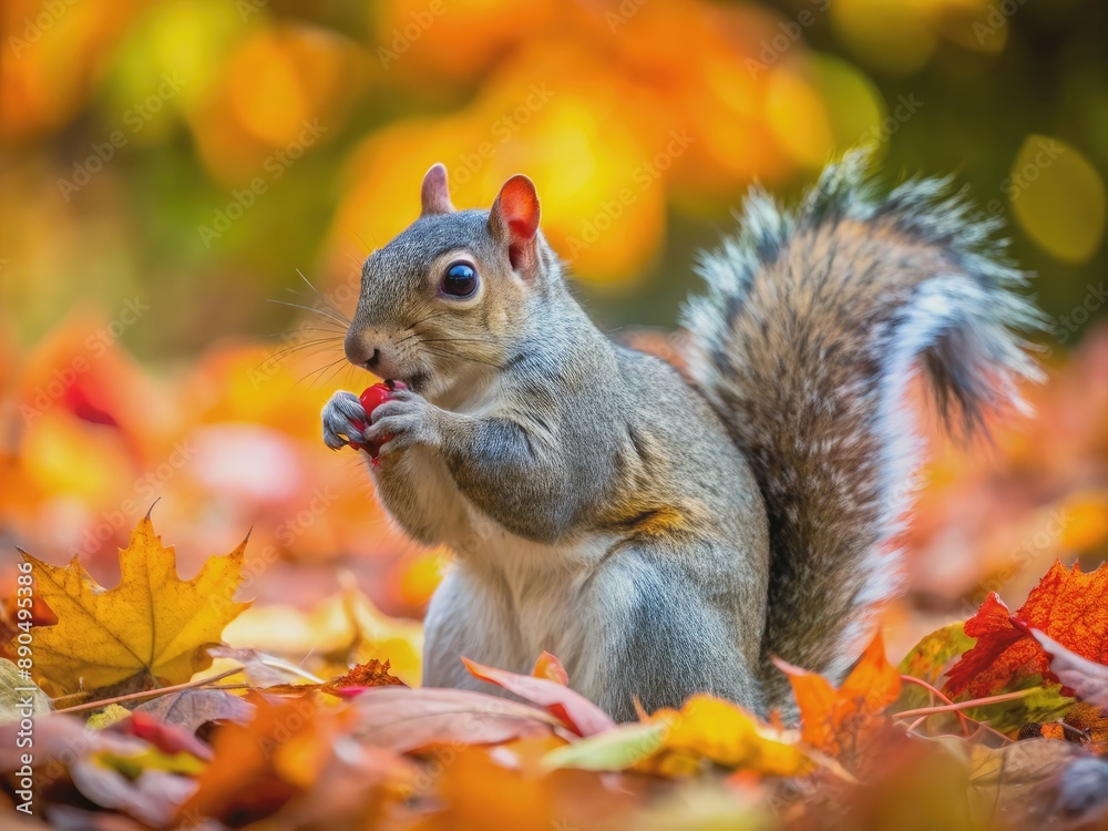 A western gray squirrel forages on forest floor, nibbling an acorn amidst vibrant autumn foliage, showcasing its bushy tail and tiny paws in warm natural light. A western gray squirrel forages on forest floor, nibbling an acorn amidst vibrant autumn foliage, showcasing its bushy tail and tiny paws in warm natural light.