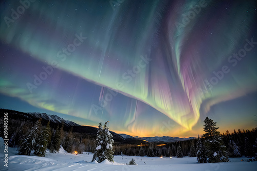 aurora borealis over the snow pine trees  photo