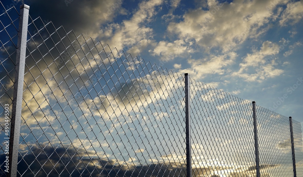 Mesh wire fence and sunset sky - 3d illustration Mesh wire fence and sunset sky - 3d illustration