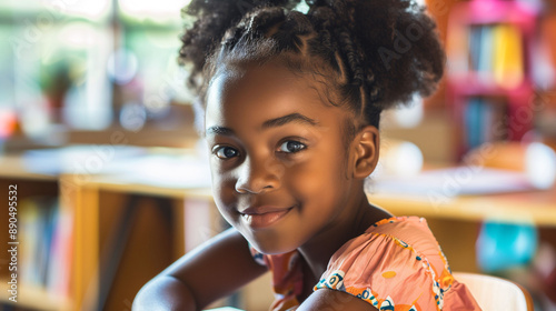 Close up of a cute little black African schoolgirl smiling at the camera. Blurred background of a classroom, afro hair. Room for copy.
