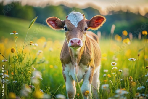 Adorable little dairy cow calf with fluffy ears and curious eyes stands alone in a sunny green meadow surrounded by wildflowers on a warm summer day. photo