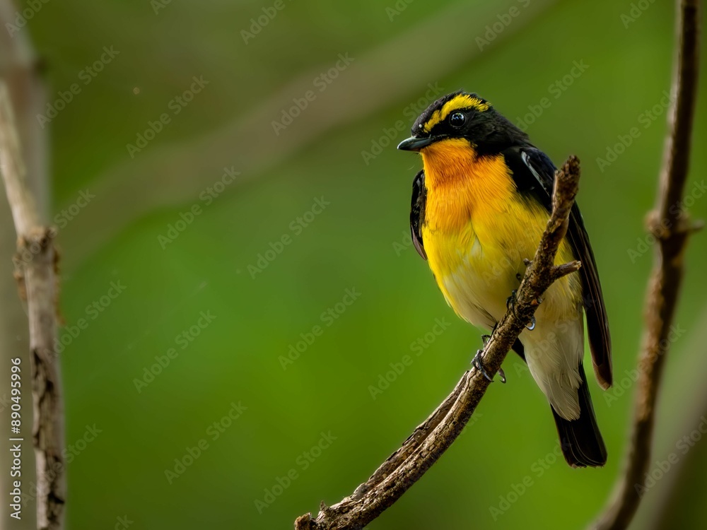 Obraz premium 森の中で枝に留まっているキビタキの雄