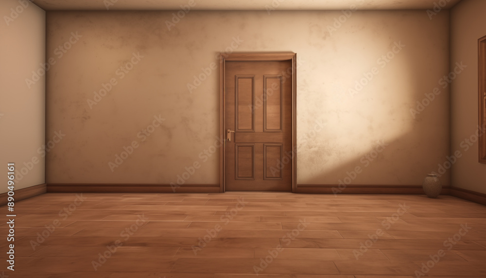 A serene interior view featuring a wooden door in a minimalist room with warm lighting and wooden flooring, perfect for home decor concepts. A serene interior view featuring a wooden door in a minimalist room with warm lighting and wooden flooring, perfect for home decor concepts.