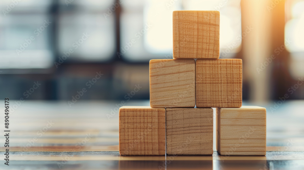 Wooden blocks stacked in a pyramid formation on a polished wooden surface with a blurred background, symbolizing stability and structure in simplicity.