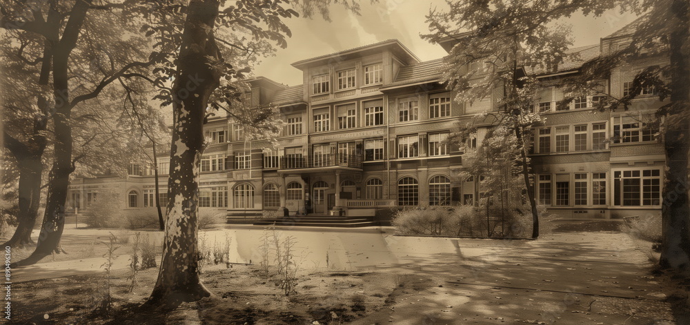 Fototapeta premium Original location, old factory, our original establishment, type of old photo.