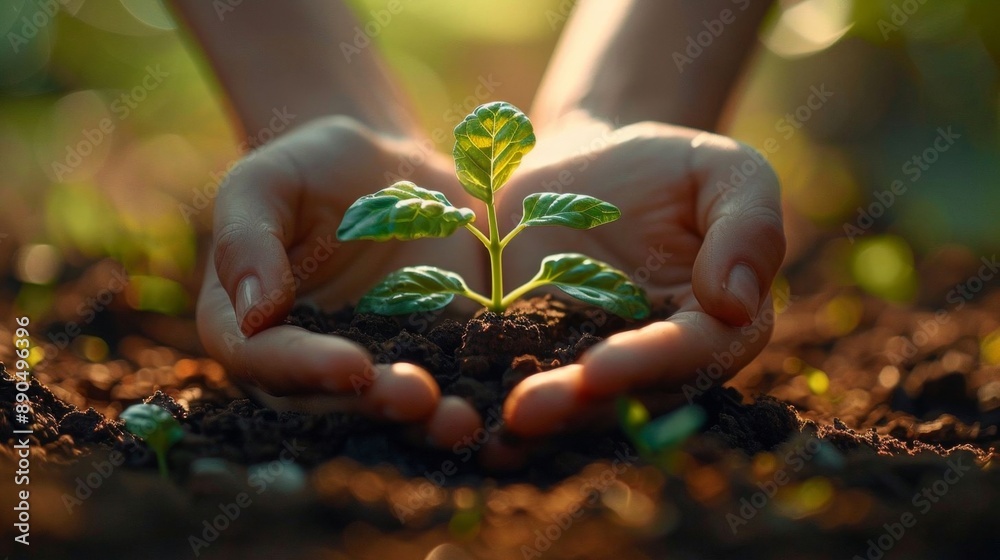 Fototapeta premium Hands carefully holding a young seedling in soil, depicting nurturing and environmental care in a natural outdoor setting.