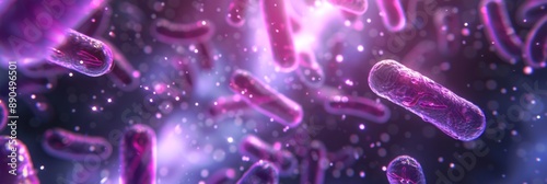 Probiotics bacteria under microscope abstract pink background. Close-up of biological medicine