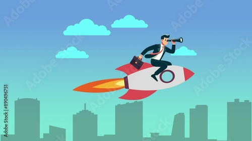 Cartoon businessman with briefcase riding a rocket above city skyline, symbolizing business success and ambition.