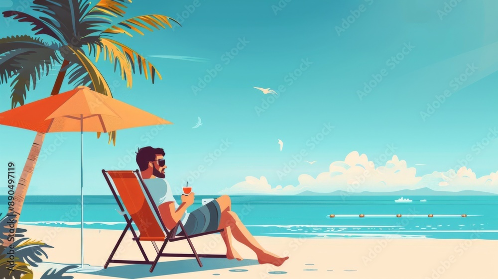 © PStyle - An illustration of a person relaxing on a beach chair under a palm tree and umbrella, with the ocean in the background. © PStyle - An illustration of a person relaxing on a beach chair under a palm tree and umbrella, with the ocean in the background.