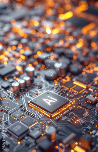 Vertical ai brind cool down sci fi concept powerful of gpu processor working inside lighing of pcb board in computer show how deep learning in blue tone color smoke background	
