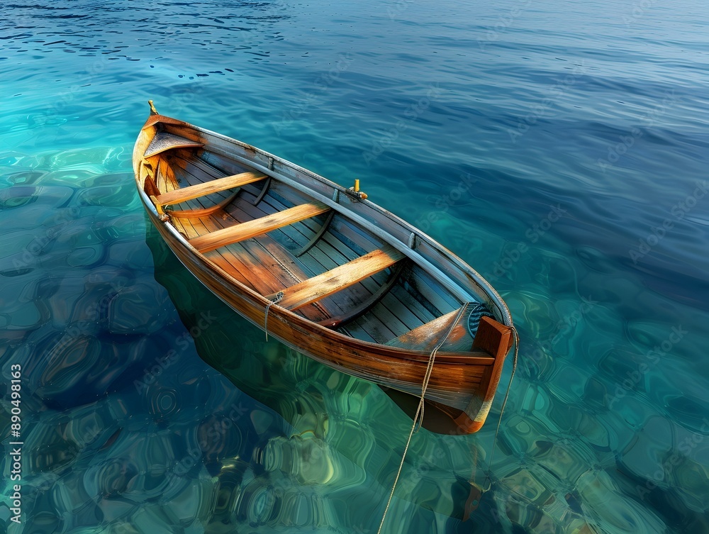 Weathered Wooden Boat on Tranquil Turquoise Sea Timeless Serenity Weathered Wooden Boat on Tranquil Turquoise Sea Timeless Serenity