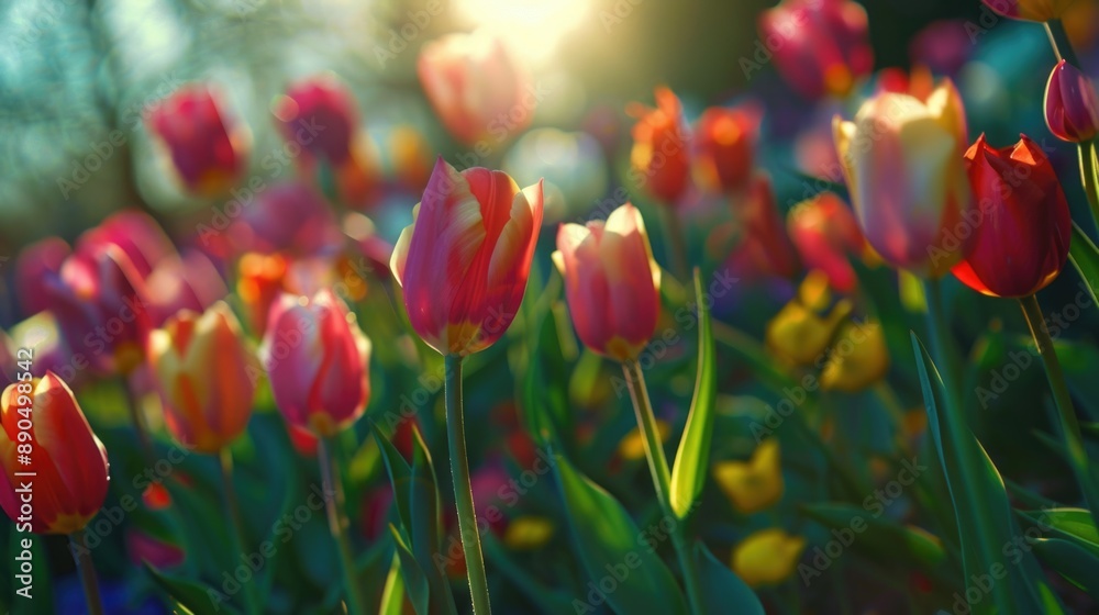 A bright and colorful field of tulips with the warm sun shining behind A bright and colorful field of tulips with the warm sun shining behind