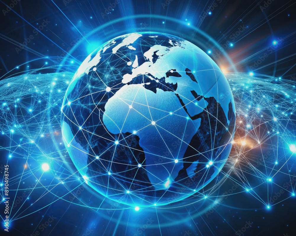 Vibrant blue globe surrounded by intricate network of glowing lines, pulsing with futuristic energy, symbolizing seamless 5G wireless connectivity and AI-driven IoT advancements. Vibrant blue globe surrounded by intricate network of glowing lines, pulsing with futuristic energy, symbolizing seamless 5G wireless connectivity and AI-driven IoT advancements.