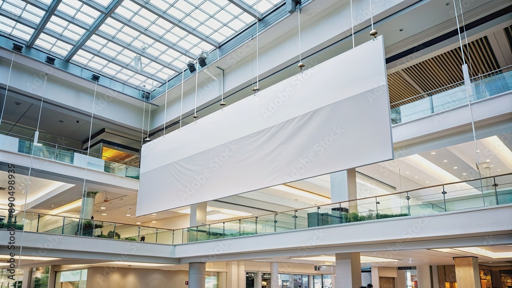 A large, empty, white rectangular banner hanging from the ceiling of a modern, bright, and airy shopping mall, awaiting advertisement or promotional content.