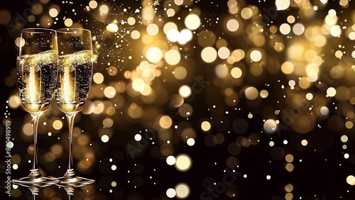 Glasses of champagnes on dark background with gold bokeh. New Years eve or celebration concept background 