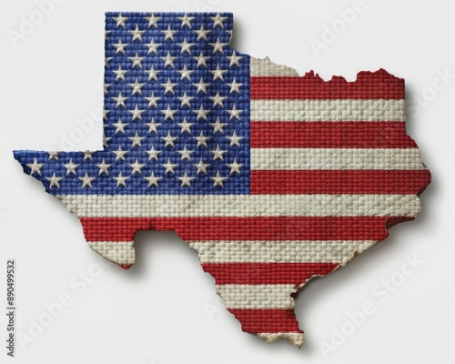 Vibrant American flag with intricately woven map of Texas, showcasing state's geography in detailed, artistic stripes, proudly displaying Lone Star State's borders and features. photo