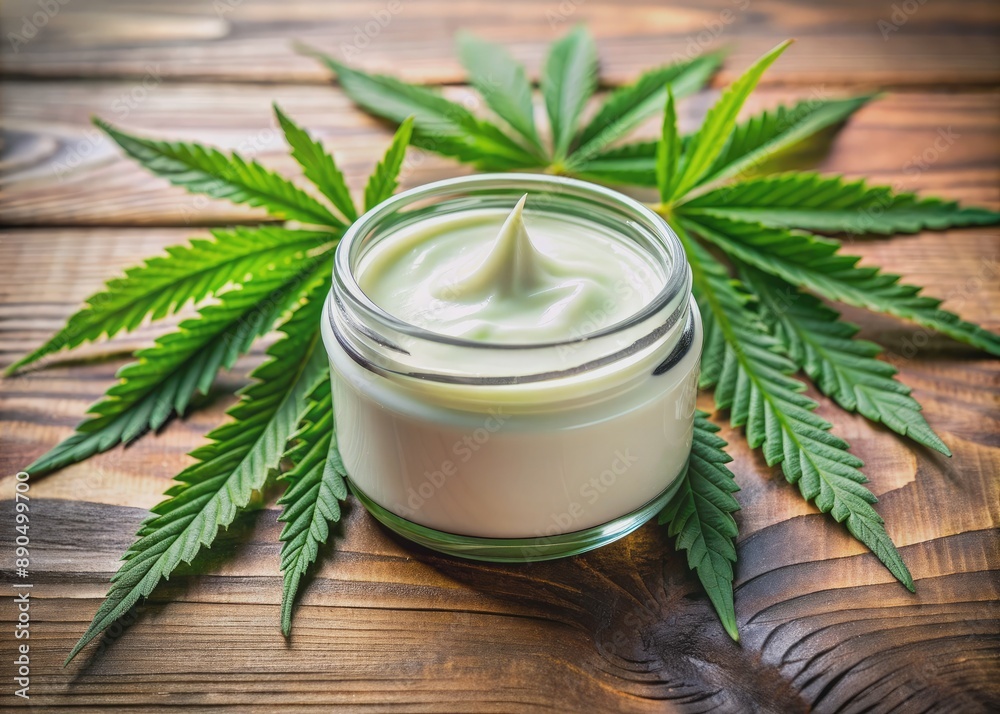 A jar of creamy CBD topical treatment sits alongside fresh marijuana leaves, highlighting the natural ingredients for wellness, skincare, pain relief, and inflammation reduction. A jar of creamy CBD topical treatment sits alongside fresh marijuana leaves, highlighting the natural ingredients for wellness, skincare, pain relief, and inflammation reduction.