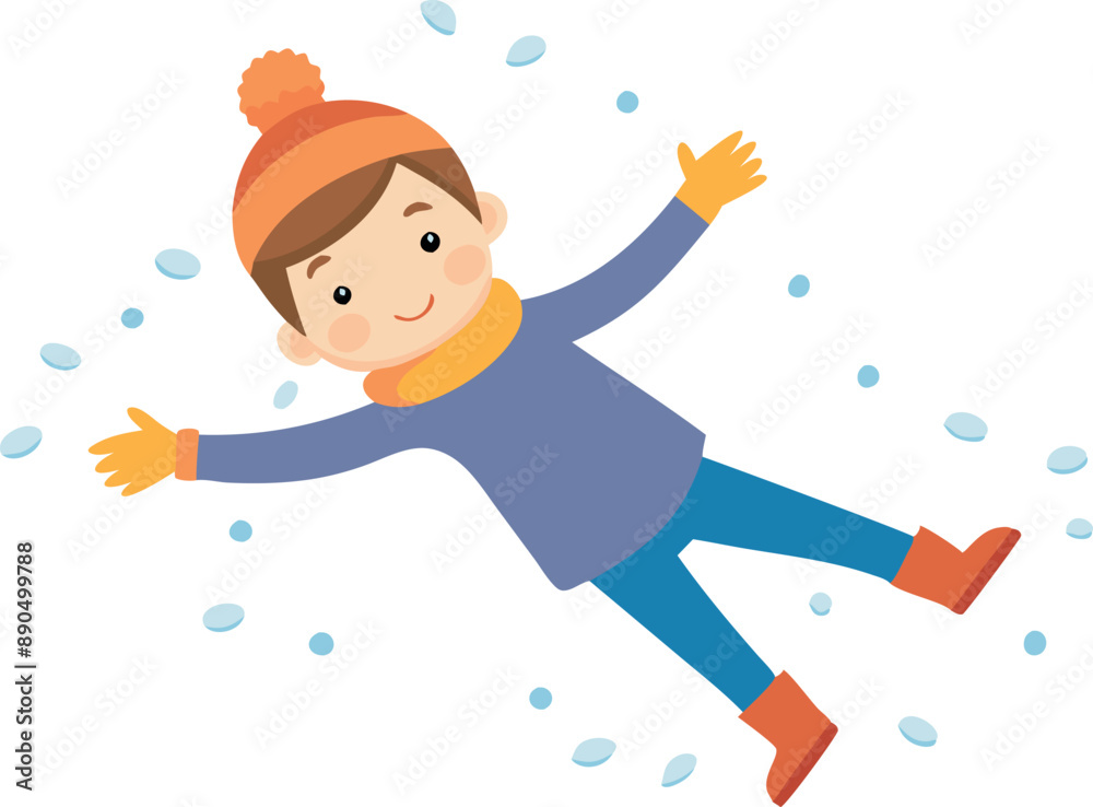A joyful illustration of a happy child making a snow angel, dressed in winter clothes, enjoying the snow. A joyful illustration of a happy child making a snow angel, dressed in winter clothes, enjoying the snow.
