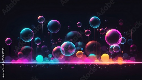 Vibrant Abstract Neon Bubbles with Brightly Colored Bubbles, Spheres in Various Sizes, Glowing Against a Dark Background, Perfect for Modern Design and Digital Art Projects