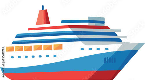 Simple and vibrant illustration of a cruise ship featuring red, blue, and white colors on a white background.