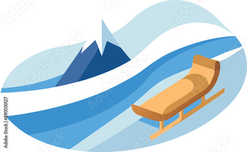 Vector illustration of a winter sled in a snowy landscape with mountains and blue sky. Perfect for winter sports, adventure, and seasonal designs.