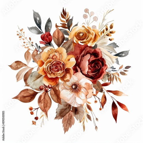 Trendy watercolor autumn flowers wedding bouquet. Beautiful fall floral background. Warm beige, orange, red, burgundy, gold, brown, rust.