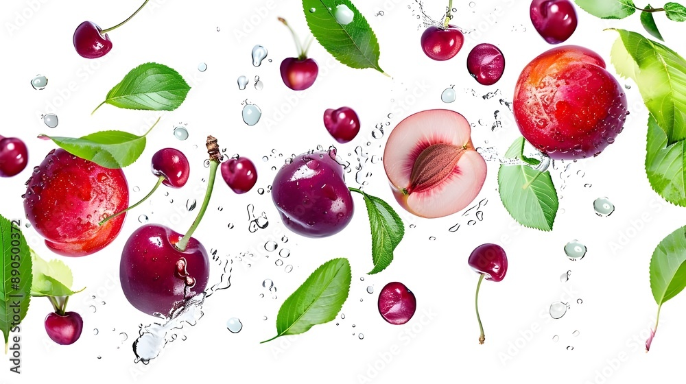 Fresh cherries and plum slices with green leaves splashing into clear water, highlighting their refreshing qualities. Fresh cherries and plum slices with green leaves splashing into clear water, highlighting their refreshing qualities.