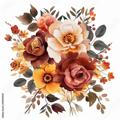 Trendy watercolor autumn flowers wedding bouquet. Beautiful fall floral background. Warm beige, orange, red, burgundy, gold, brown, rust.
