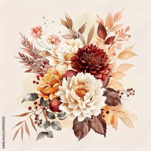 Trendy watercolor autumn flowers wedding bouquet. Beautiful fall floral background. Warm beige, orange, red, burgundy, gold, brown, rust.
