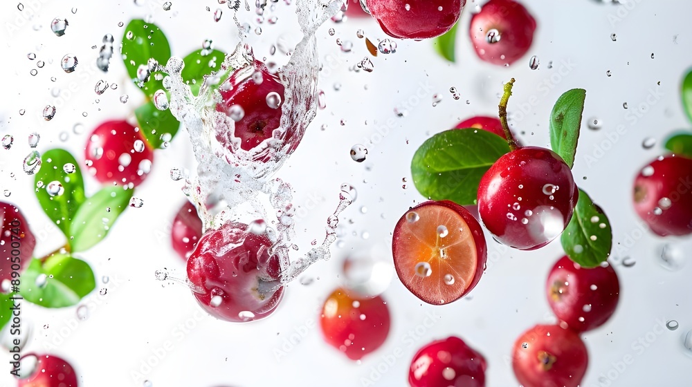 Fresh and juicy cranberries and lime slices with green leaves splashing into clear water, creating a vibrant and refreshing composition.
