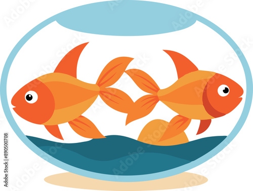 Minimalistic illustration featuring two vibrant orange goldfish swimming happily in a round fishbowl against a white background.