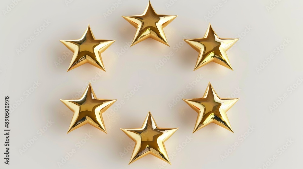 Seven gold stars arranged in a circle on a white background, rendered in 3D. 