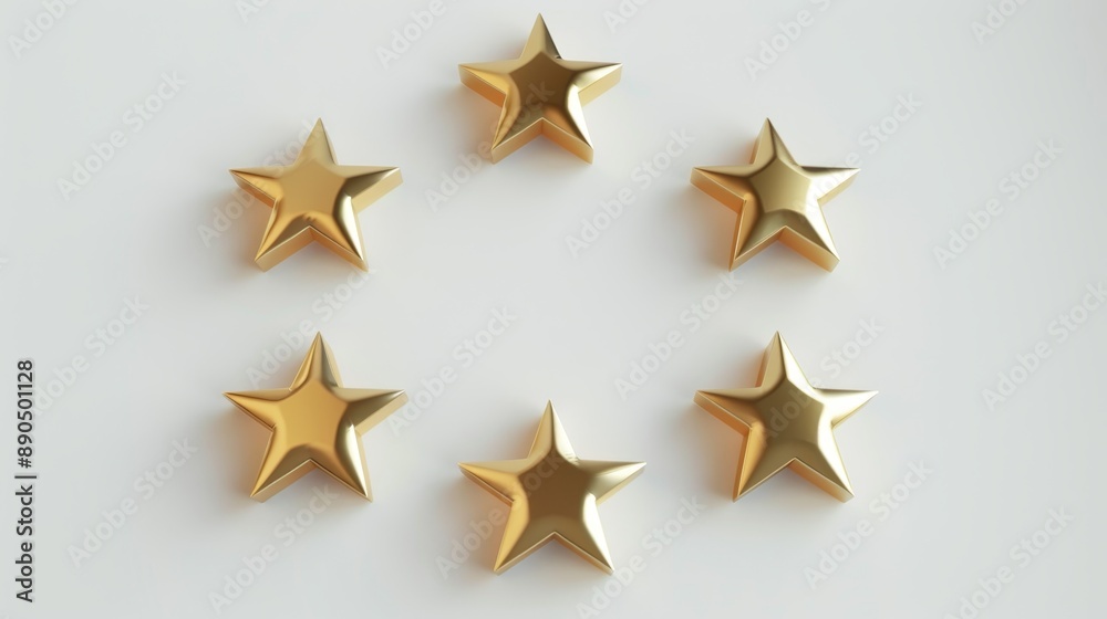 Seven gold stars arranged in a circle on a white background, rendered in 3D. Seven gold stars arranged in a circle on a white background, rendered in 3D.