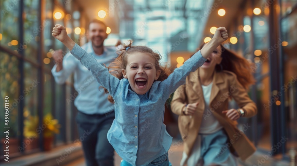 A happy child running towards the camera with arms raised, followed by two adults, all smiling and filled with joy. A happy child running towards the camera with arms raised, followed by two adults, all smiling and filled with joy.