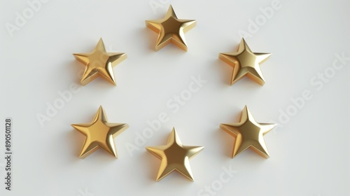 Seven gold stars arranged in a circle on a white background, rendered in 3D. 