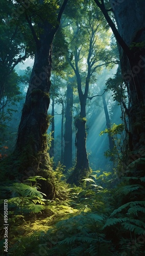 Captivating digital painting enchanted forest scenery with towering trees and rich foliage