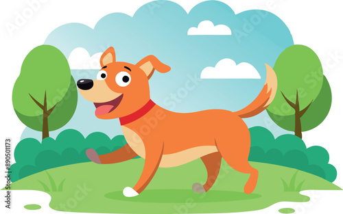Happy cartoon dog walking in a park on a sunny day, with trees, clouds, and blue sky in background.