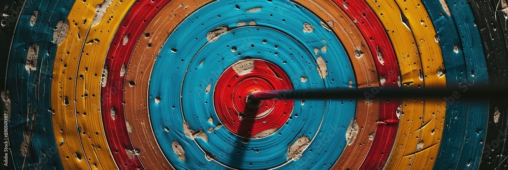 Close-Up of Archery Target with Blue and Red Arrows Hitting Center, Representing Precision in Business Goal Setting, Blurred Background Emphasizing Focus and Depth Close-Up of Archery Target with Blue and Red Arrows Hitting Center, Representing Precision in Business Goal Setting, Blurred Background Emphasizing Focus and Depth