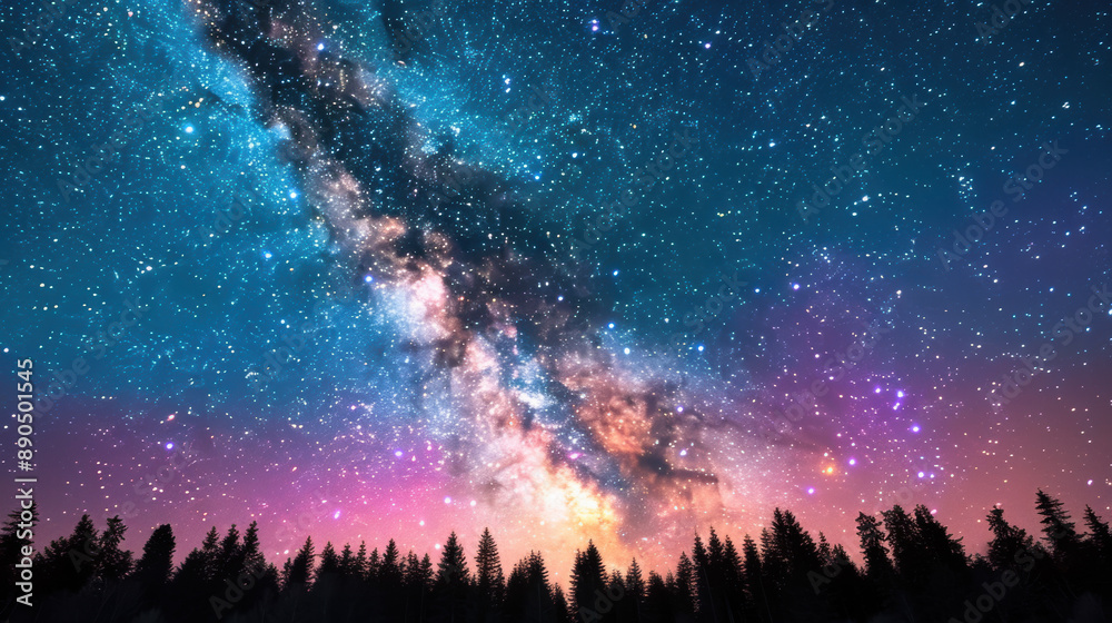 Fototapeta premium Stunning view of the Milky Way galaxy at night with vibrant colors, framed by a silhouette of trees below, depicting the beauty of the cosmos.