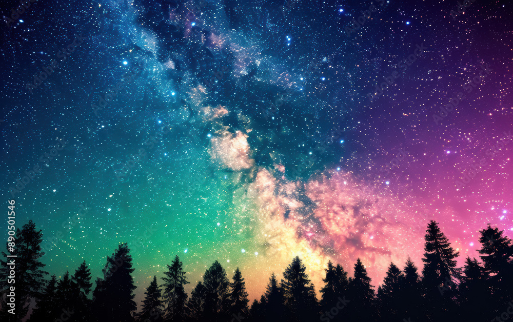 Naklejka premium Vibrant night sky with spectacular galaxies and stars above silhouetted trees in a breathtaking forest. A stunning visual of the cosmos and natural beauty.