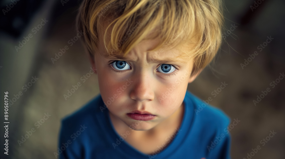 Young boy with blonde hair and blue eyes looking up with a serious expression, capturing innocence and curiosity. Young boy with blonde hair and blue eyes looking up with a serious expression, capturing innocence and curiosity.