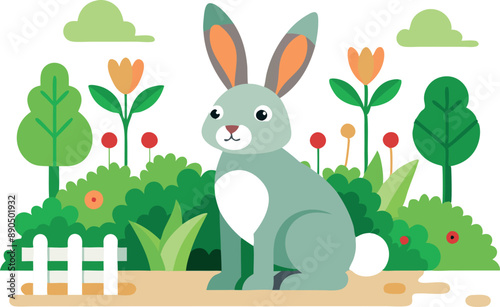 Illustration depicting a cute rabbit seated in a vibrant garden filled with blooming flowers and greenery, conveying nature and innocence.