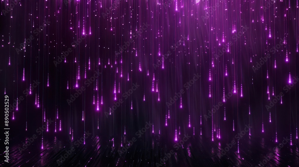 Luminous purple symbols descending in a 3D digital rain pattern on a pitch-black canvas. Luminous purple symbols descending in a 3D digital rain pattern on a pitch-black canvas.