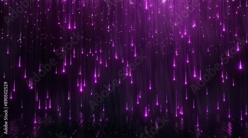 Luminous purple symbols descending in a 3D digital rain pattern on a pitch-black canvas.