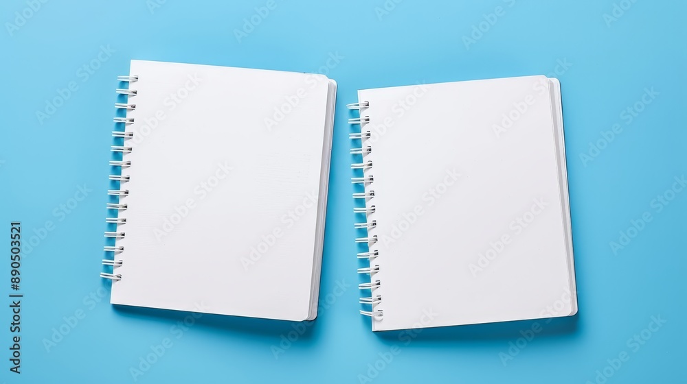 Two empty notebooks with white covers and metal spiral bindings lie open on a blue background. This minimalist image suggests business or education concepts. Two empty notebooks with white covers and metal spiral bindings lie open on a blue background. This minimalist image suggests business or education concepts.