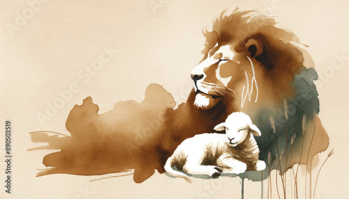 Lion and lamb in watercolor style, digitally drawn illustration. photo