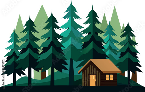 Illustration of a cozy cabin nestled among tall evergreen trees in a scenic forest setting, ideal for nature and tranquility concepts.