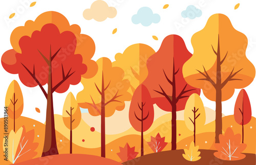 Illustration of a vibrant autumn forest with trees in shades of orange and yellow, under a clear sky with clouds.
