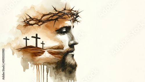 Digital portrait of Jesus Christ with crown of thorns on white background. Double exposure with three crosses.