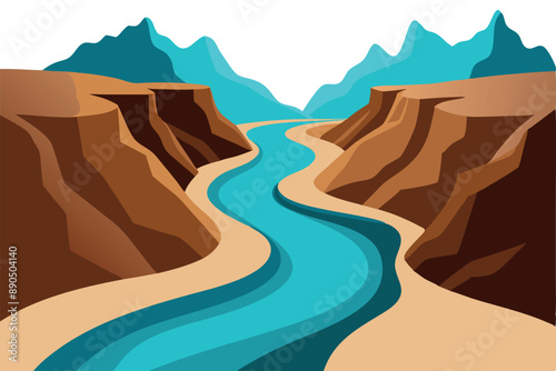 Colorful illustration of a winding river through a canyon, surrounded by tall mountains and clear skies in a vibrant landscape.